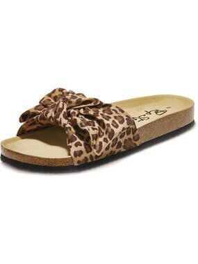Women's Dark Leopard Cute Bow Tie Knot On Top Strap Comfy Slip On Slides Sandals
